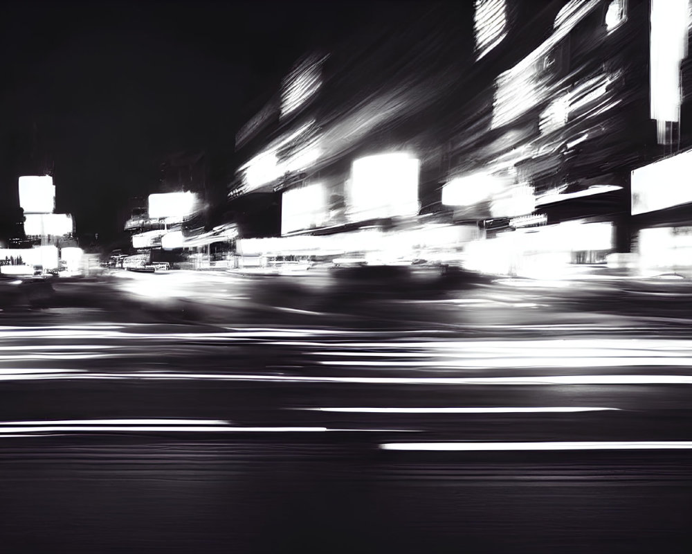 High-contrast black and white city street night scene with motion blur and glowing lights.