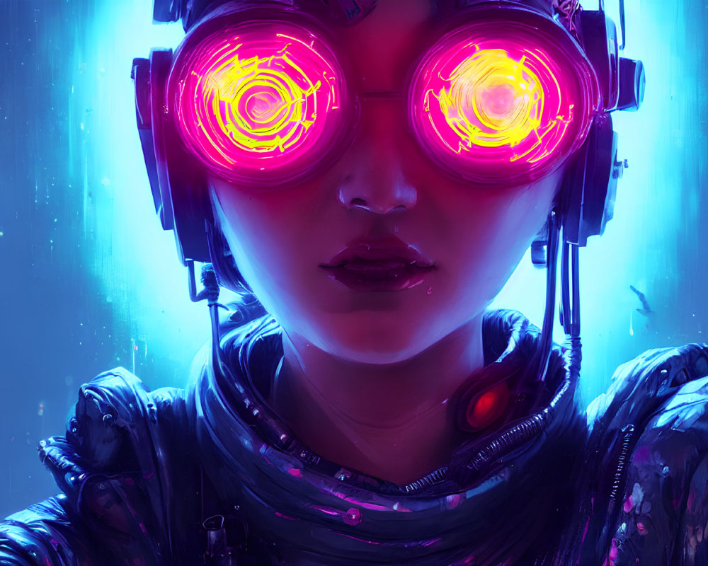 Person with glowing spiral eyes in futuristic headset and suit on blue neon-lit background