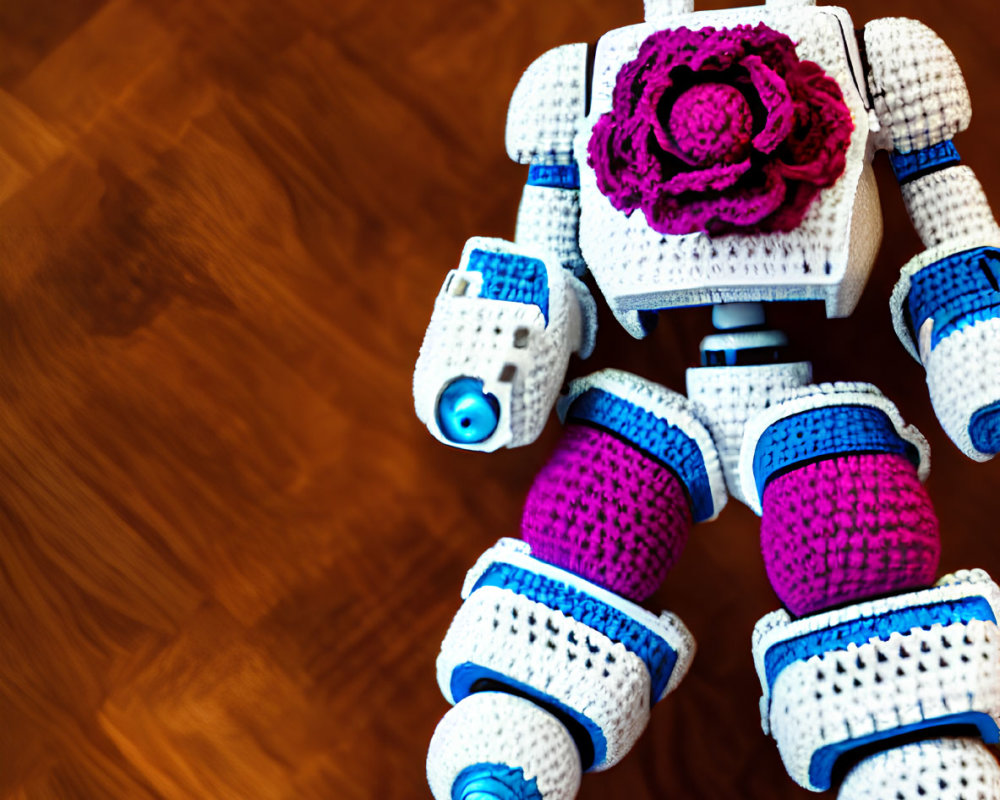 White and Purple Crocheted Robot with Rose on Wooden Floor