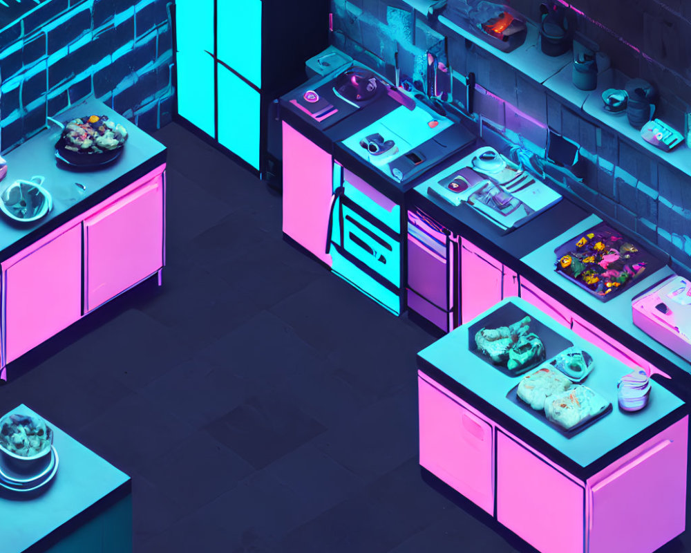 Neon-Lit Kitchen with Pink and Blue Hues and Modern Appliances