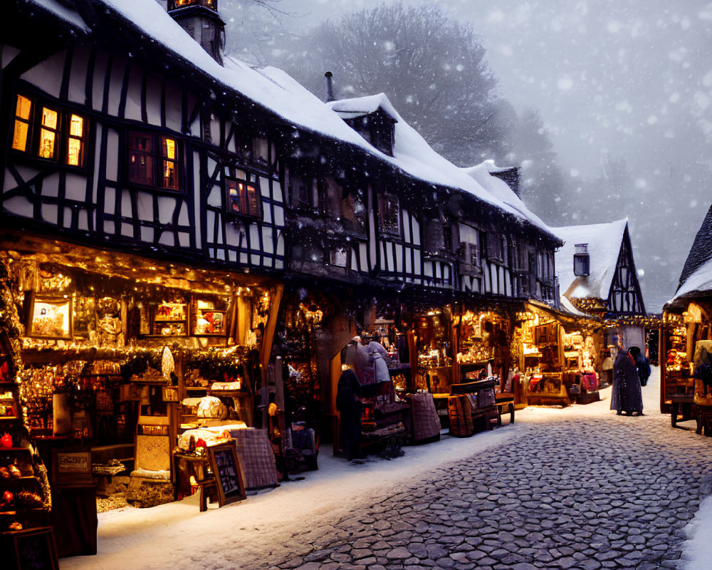Charming European Village with Christmas Decorations and Snowfall