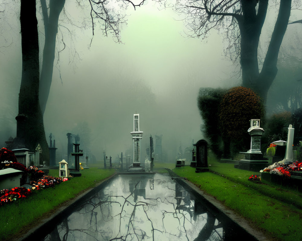Misty cemetery with wet path, trees, and gravestones in green-tinted ambiance