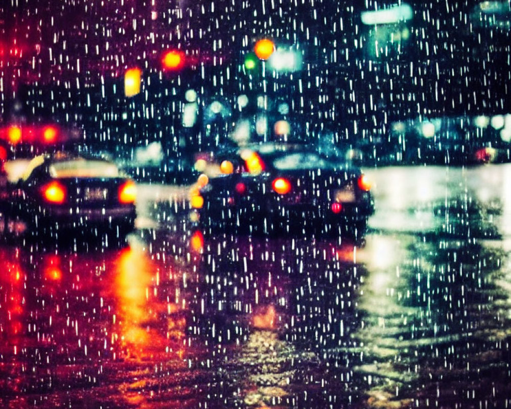 Urban scene: Rainy night with illuminated raindrops, blurred vehicles, and colorful city lights.