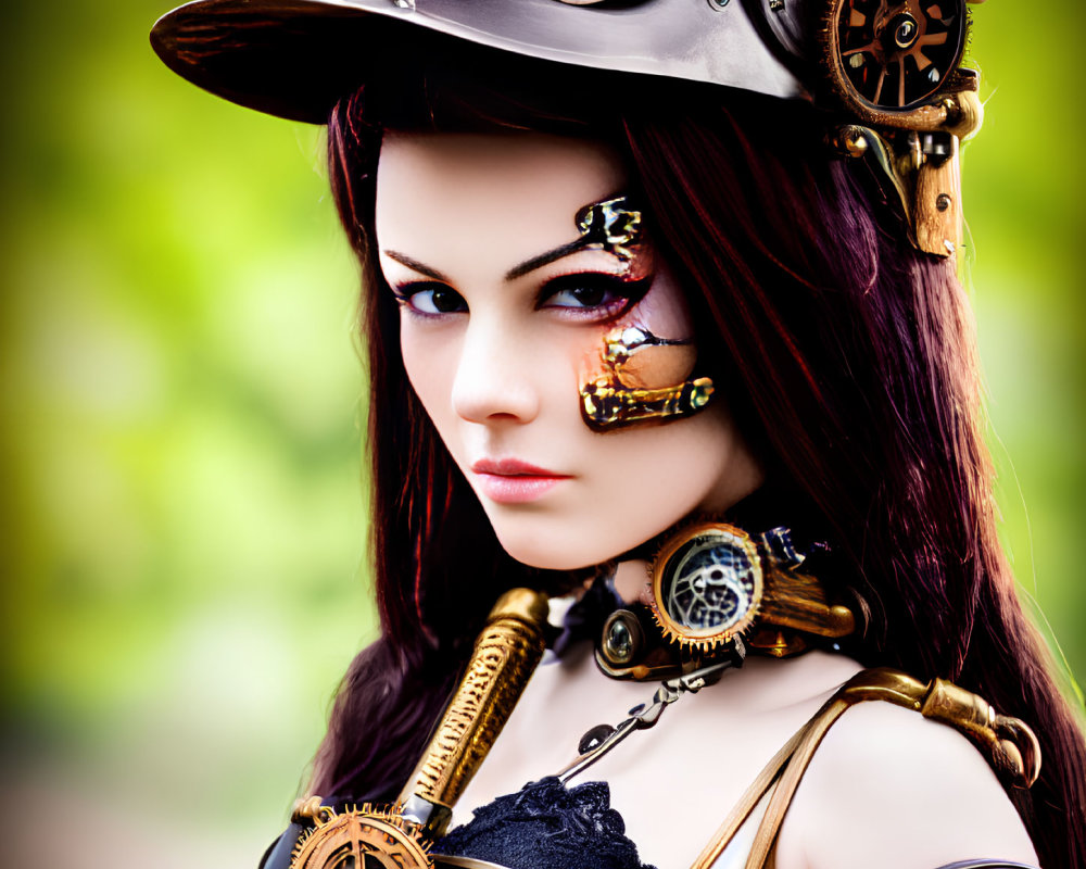 Steampunk-themed woman with gear accessories and mechanical eye patch in front of green backdrop