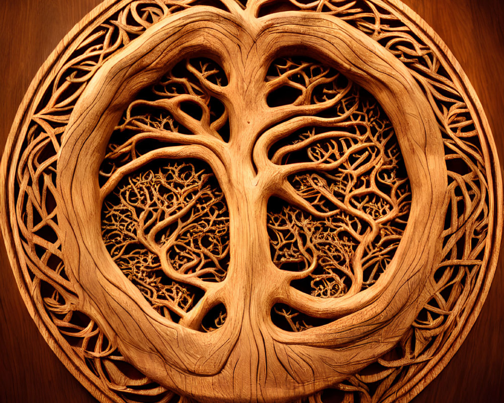 Circular Frame Wooden Tree Carving with Elaborate Branches
