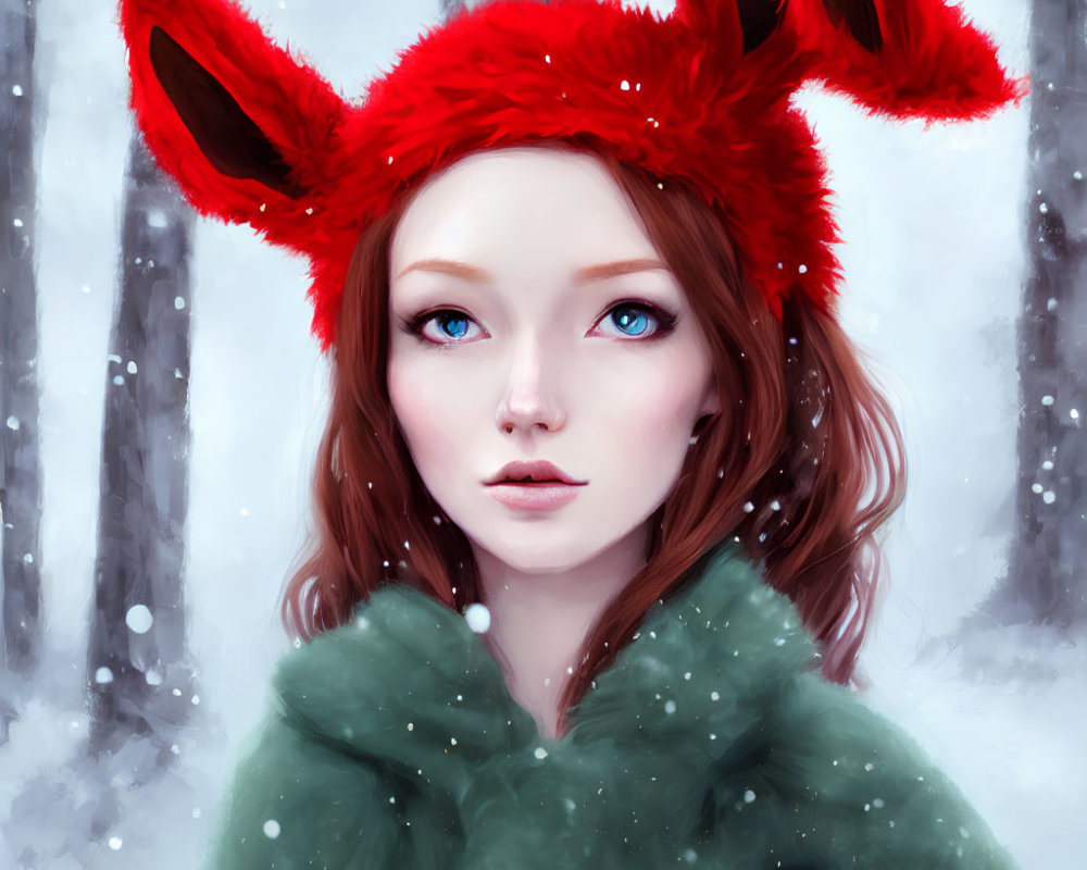 Digital painting of young woman in red bunny hat against snowy forest.
