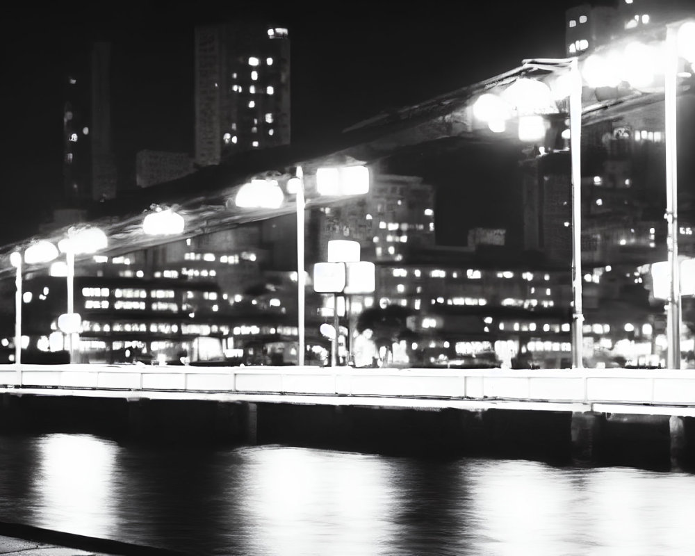 Monochrome cityscape at night with waterfront streetlights and blurred reflections