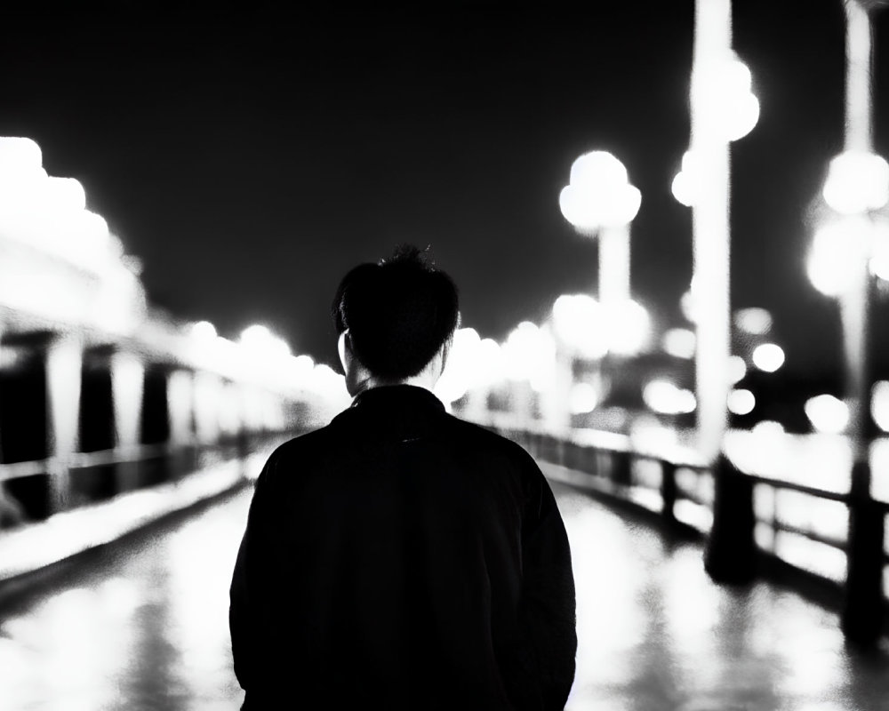Monochrome image of person gazing at brightly lit bridge at night
