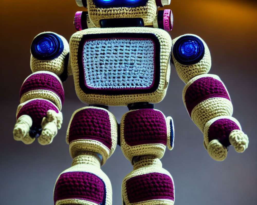 Colorful Knitted Robot with Crochet Texture on Gradient Background