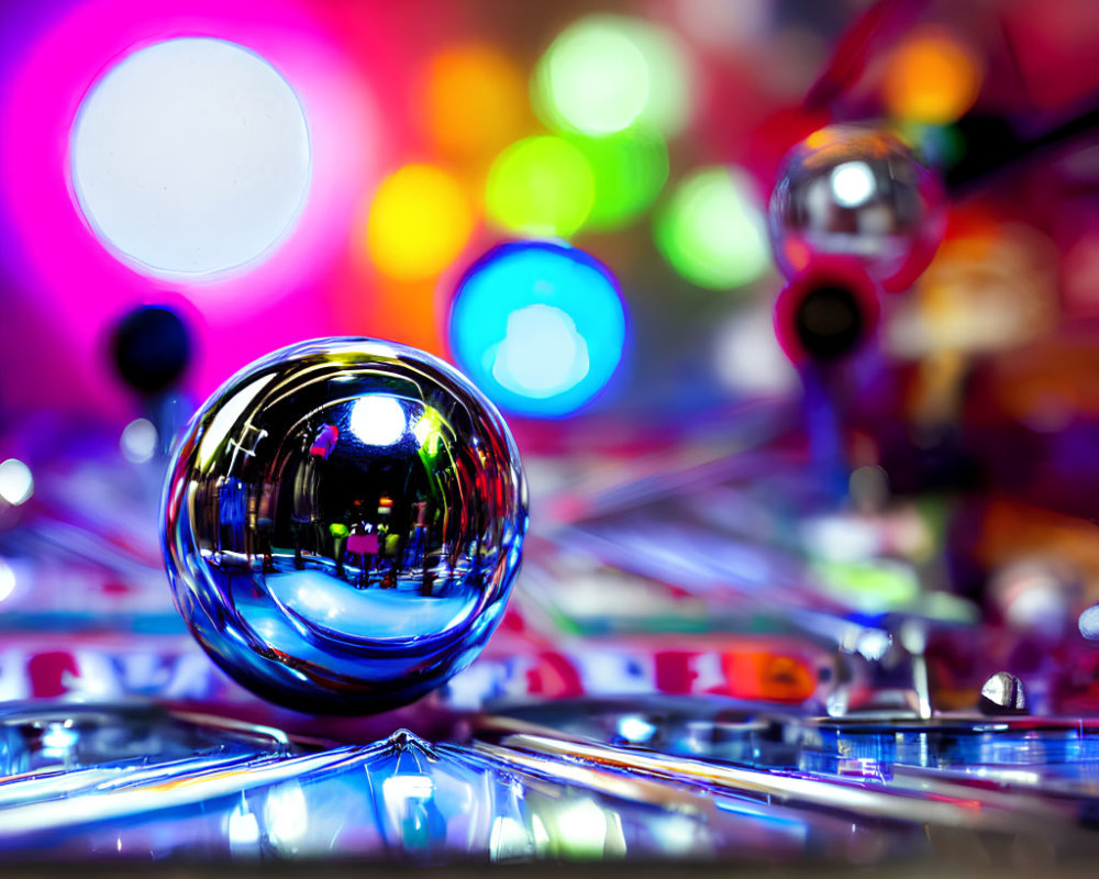 Colorful Close-Up of Pinball Machine with Crystal-Clear Ball and Blurry Lights