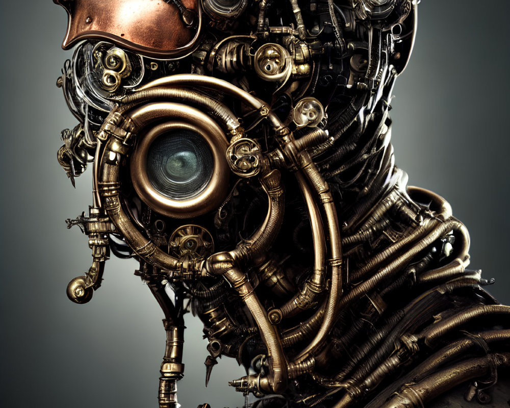 Steampunk-style robotic head with brass pipes and gears on grey background