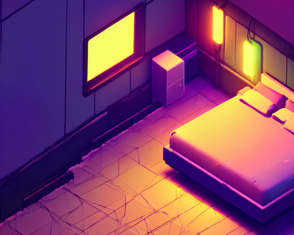 Neon-lit room with purple walls, white bed, glowing panels, and tiled floor.