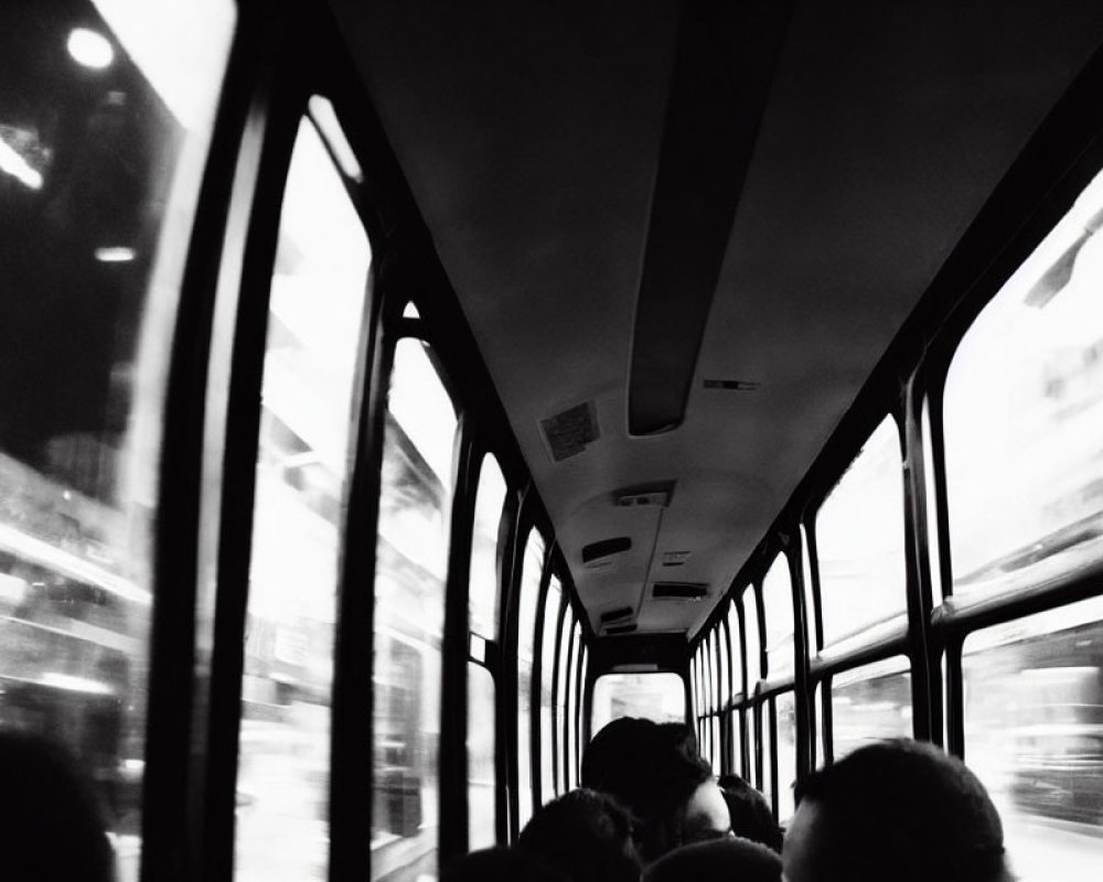 Monochrome bus interior with blurred city view through windows