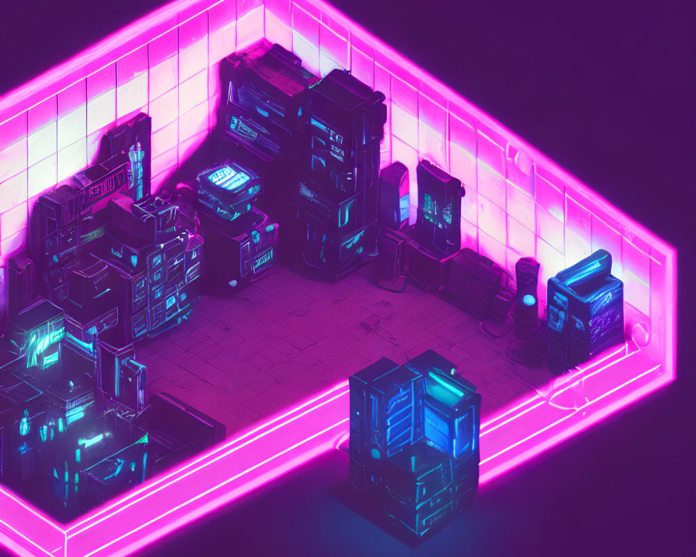 Futuristic cyberpunk cityscape with neon-lit buildings