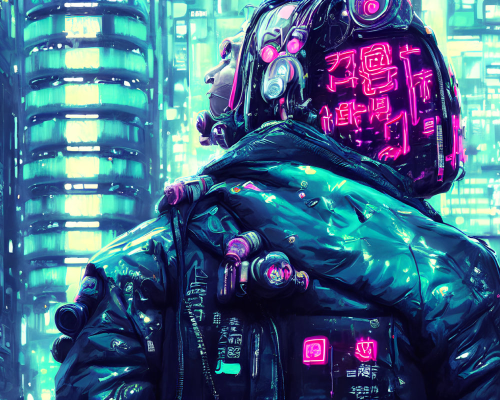 Futuristic helmet with neon Asian characters in cyberpunk cityscape