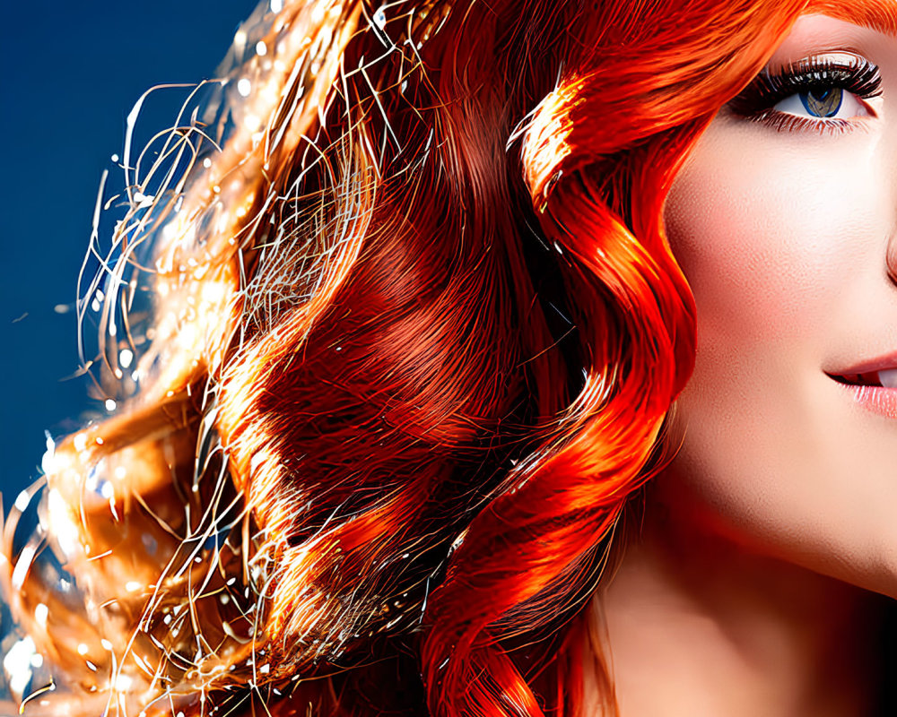 Vibrant red-haired woman with blue eyes on blue background