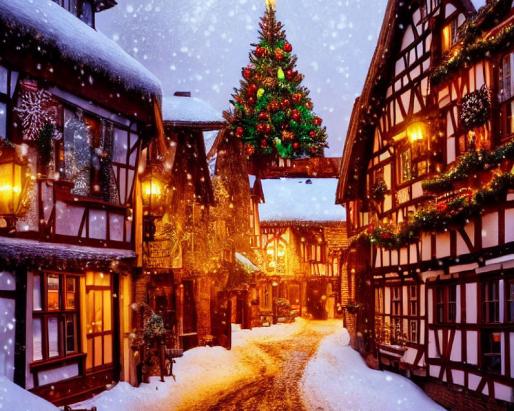 Snow-covered village street with half-timbered houses and Christmas decorations
