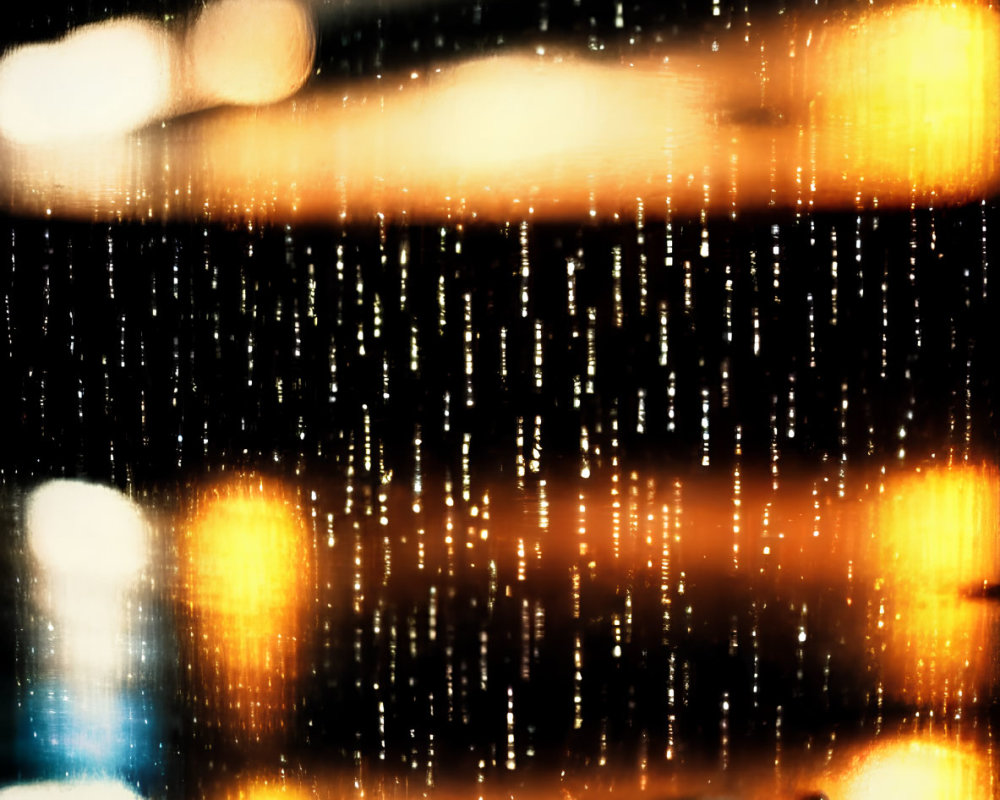 Raindrops streak down window with warm golden lights, creating cozy bokeh.