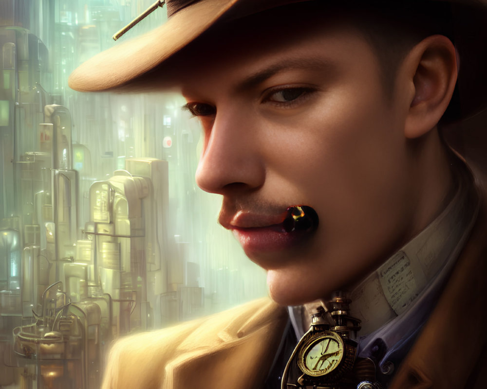 Steampunk-themed man with detective hat and cogwheel monocle in futuristic city setting