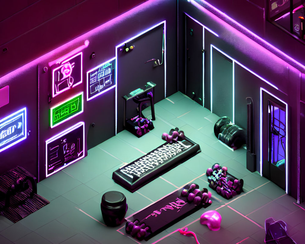 Vibrant neon-lit gaming room with futuristic decor