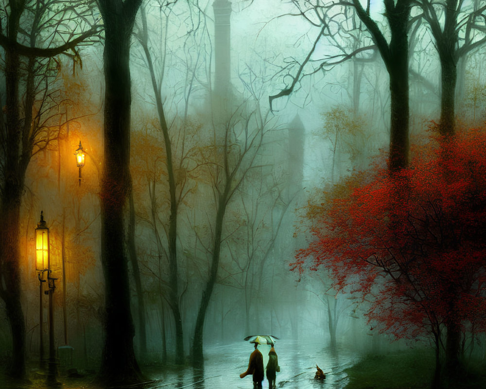Misty scene with two people, dog, street lamps, red foliage, bare trees, tower