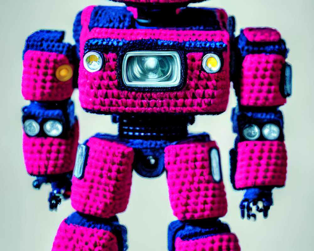 Colorful Knitted Toy Robot with Pink and Blue Theme