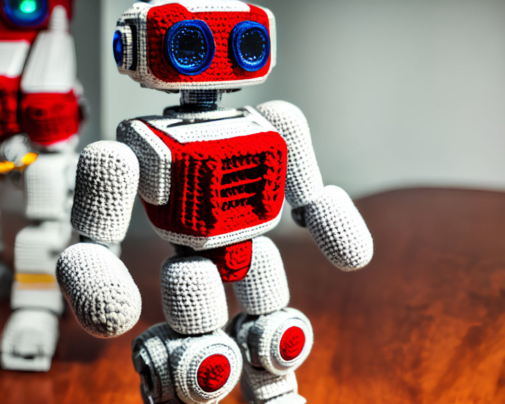 Vintage Red and White Robot Toy with Blue Eyes on Wooden Surface