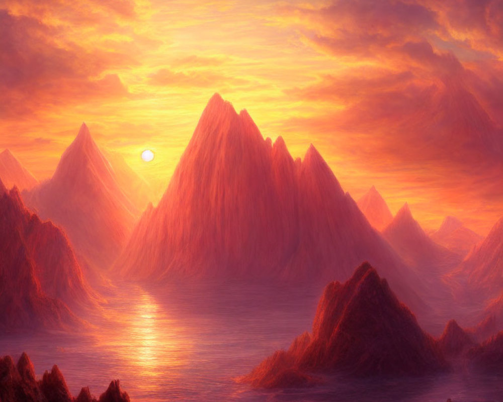 Vibrant orange and red surreal mountain landscape at sunrise or sunset