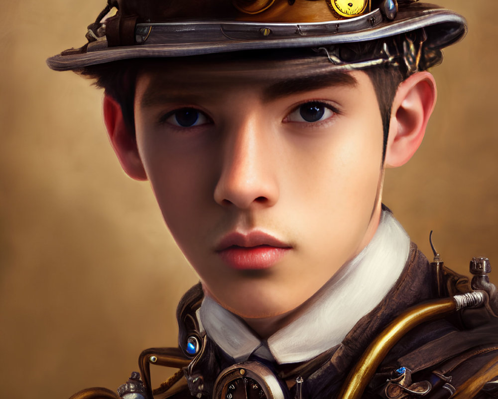 Steampunk-themed young person in Victorian attire with mechanical accessories.