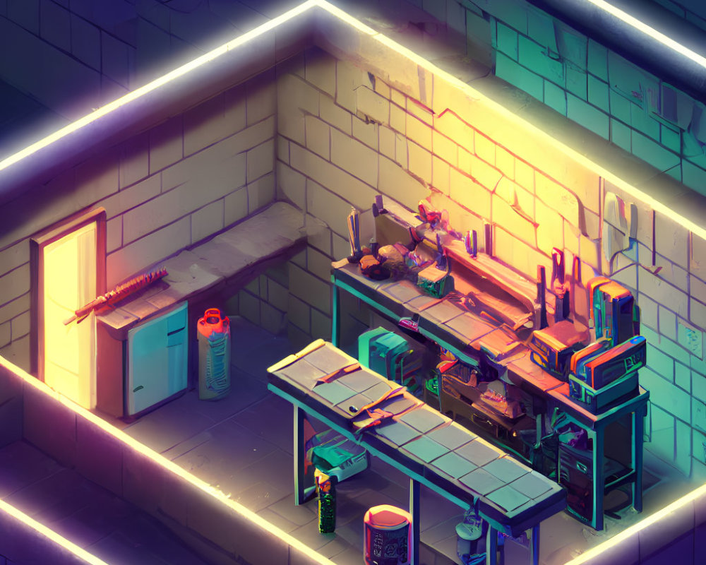 Neon-lit futuristic workshop corner with cluttered workbench and tools