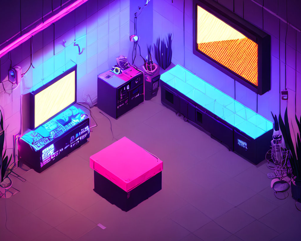 Neon-lit cyberpunk room with screens, pink table, plants & ambient lighting