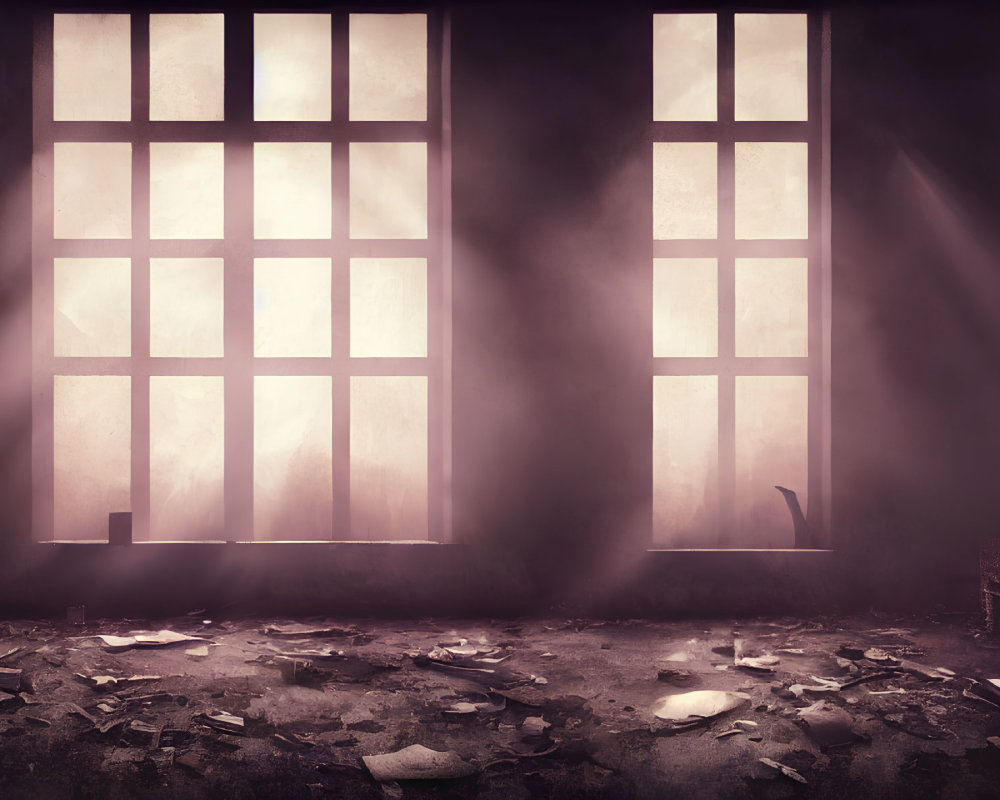 Desolate room with two large windows and scattered debris