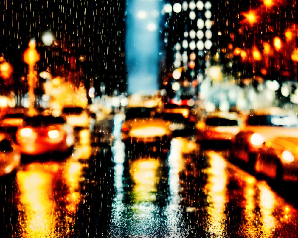 Urban night scene with rain, city lights, blurred cars, and bokeh effect