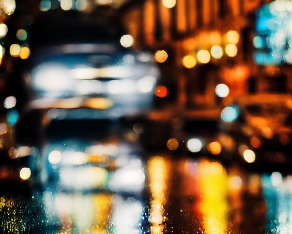 Colorful Bokeh Effect on Rainy Night City Street
