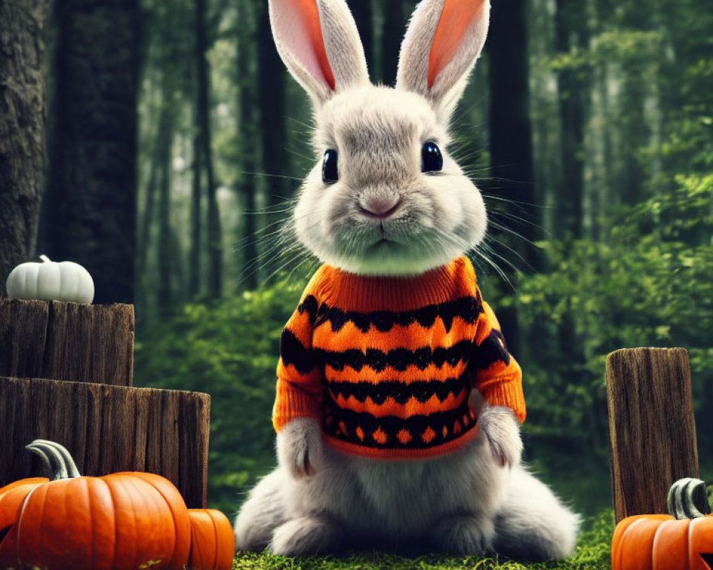 Cartoon Rabbit in Black and Orange Sweater Among Pumpkins in Forest