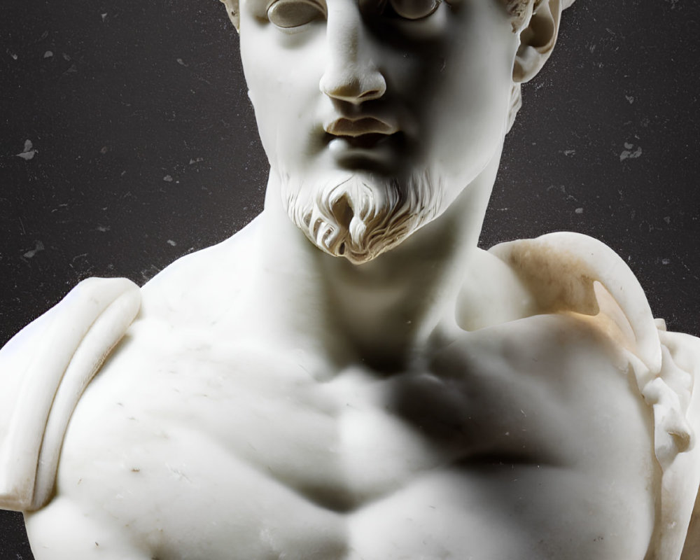 Classical white marble bust with curly hair and muscular torso on dark background