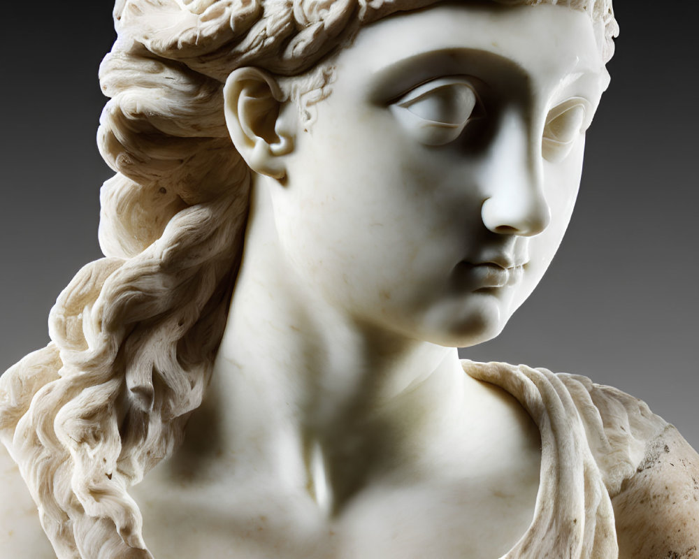 Classical marble statue of woman with intricate curls and calm expression