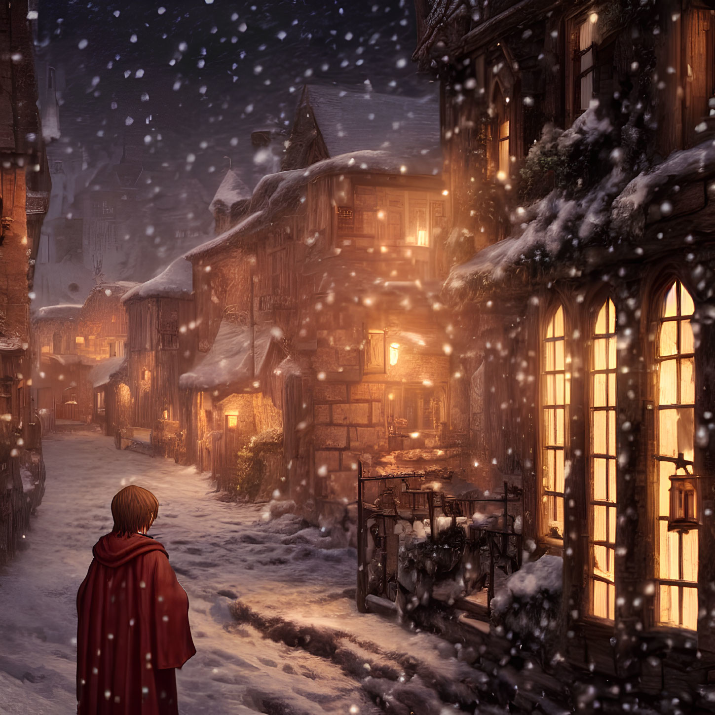 Person in Red Cloak Observing Snowy Cobblestone Street at Winter Nightfall