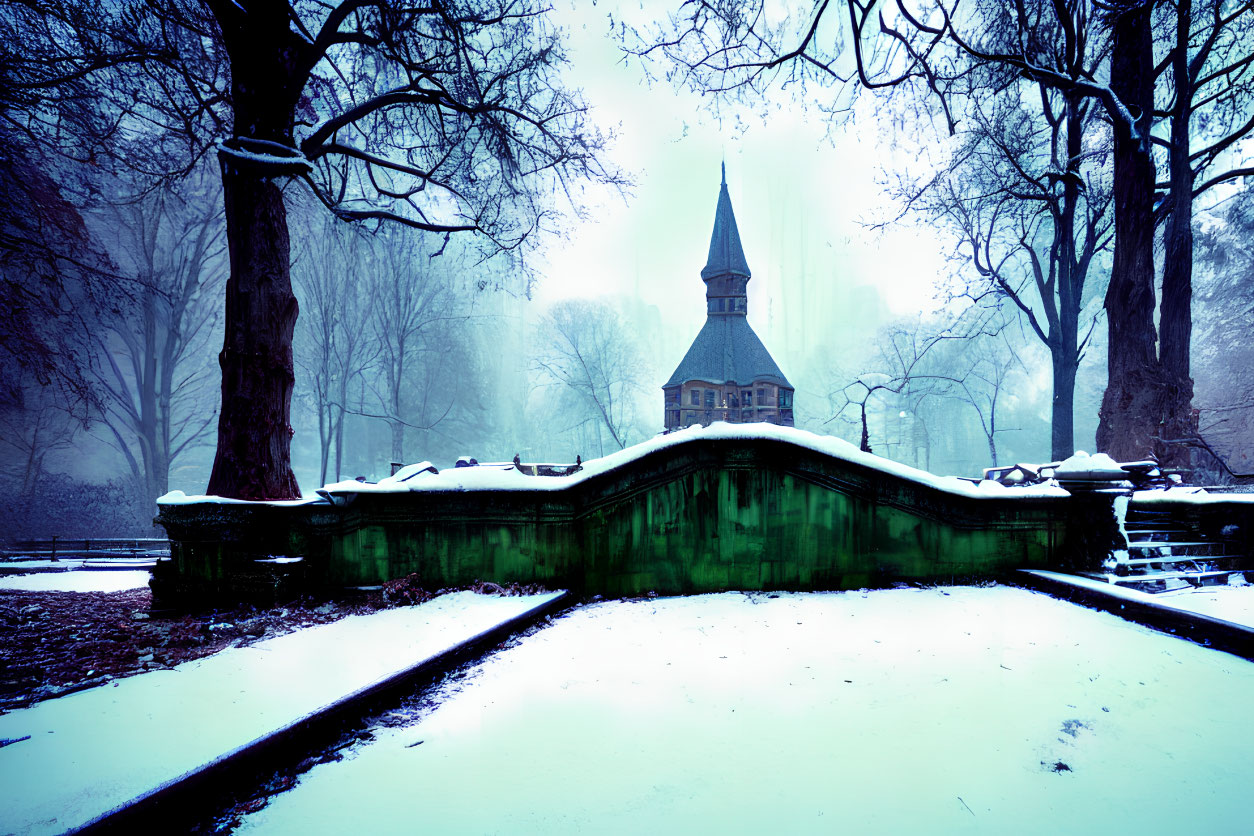 Snowy Park with Spire Building in Foggy Winter Scene