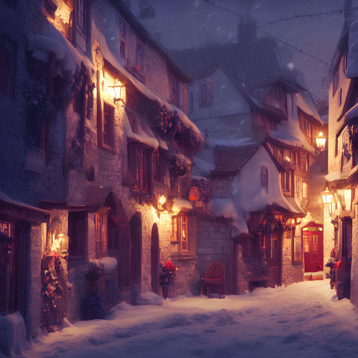 Twilight snow-covered village street with warm glowing lights & holiday decorations