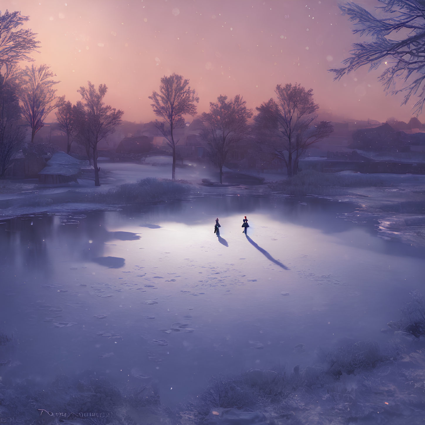 Winter scene: Two people ice skate in snowy dusk landscape