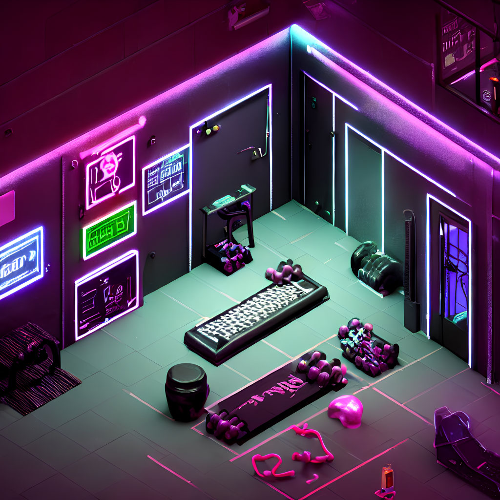 Vibrant neon-lit gaming room with futuristic decor