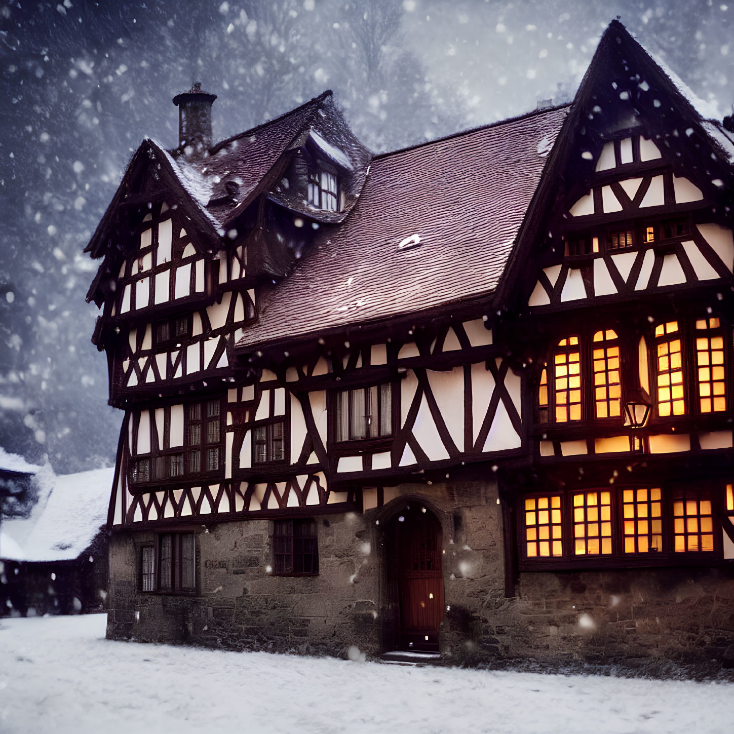 Snow-covered half-timbered house with lit windows in cozy winter scene