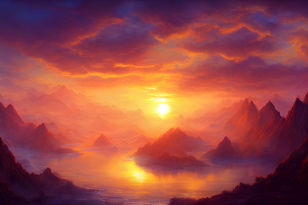 Majestic sunrise over mystical landscape with mountain peaks and tranquil water