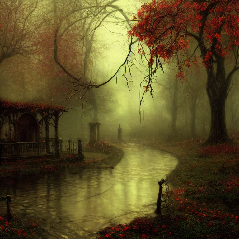 Misty landscape with river, red trees, gazebo, and golden light