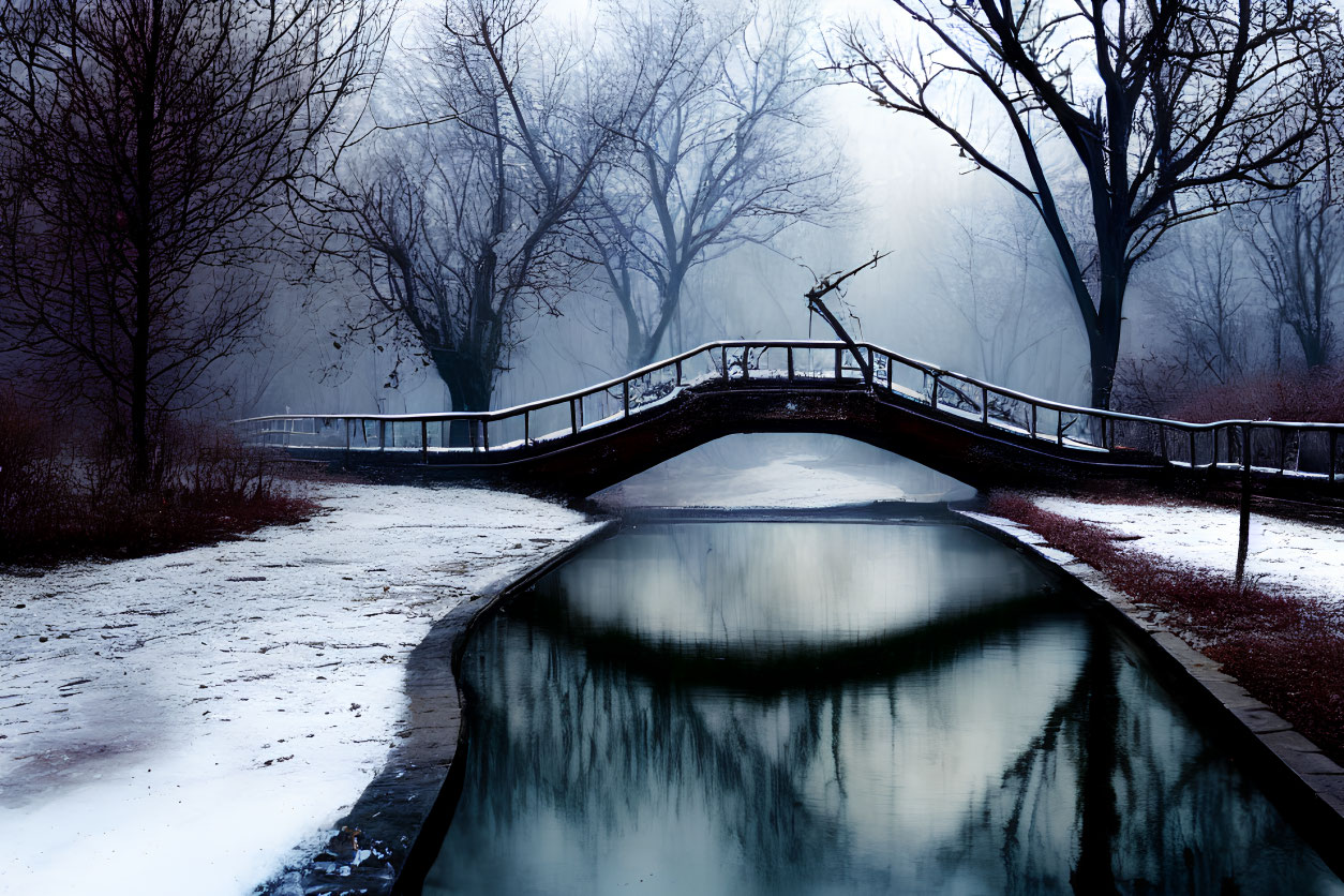 Snowy Winter Landscape with Bridge Over River