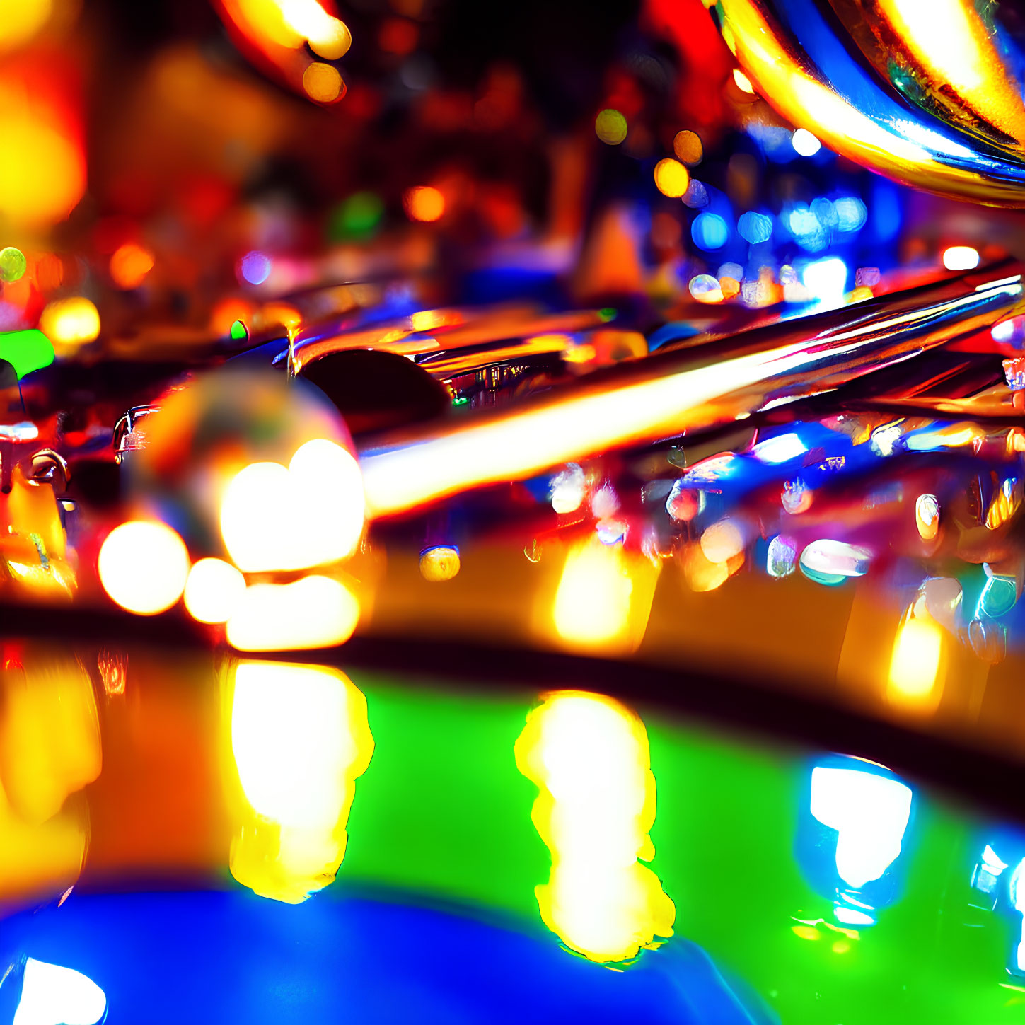 Colorful, Shiny Pinball Machine Elements with Vibrant Lights and Reflections