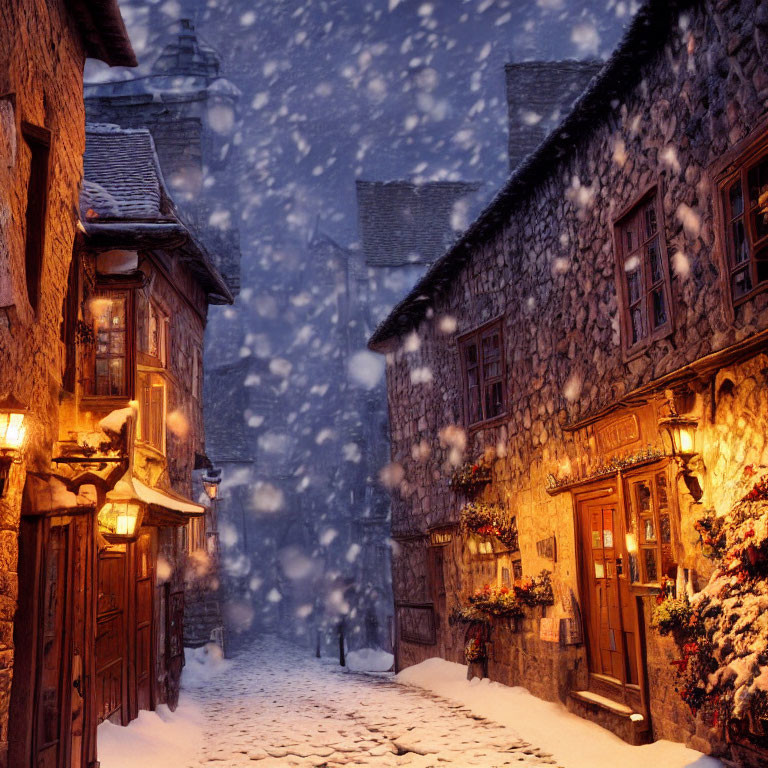 Snow-covered cobblestone street in quaint illuminated village on serene snowy evening