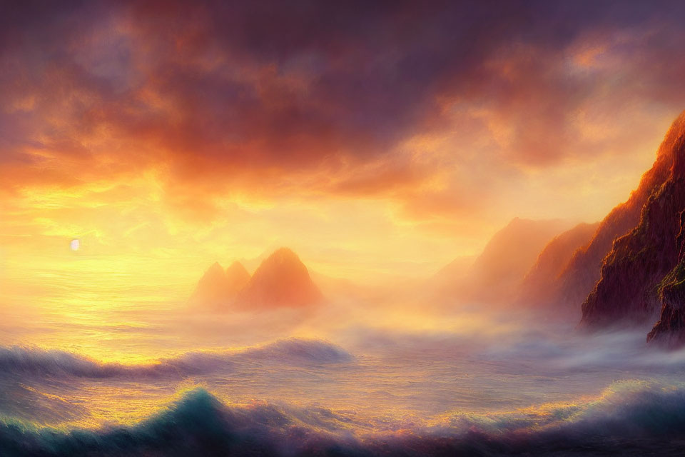 Vivid Sunset with Fiery Clouds over Misty Sea Waves