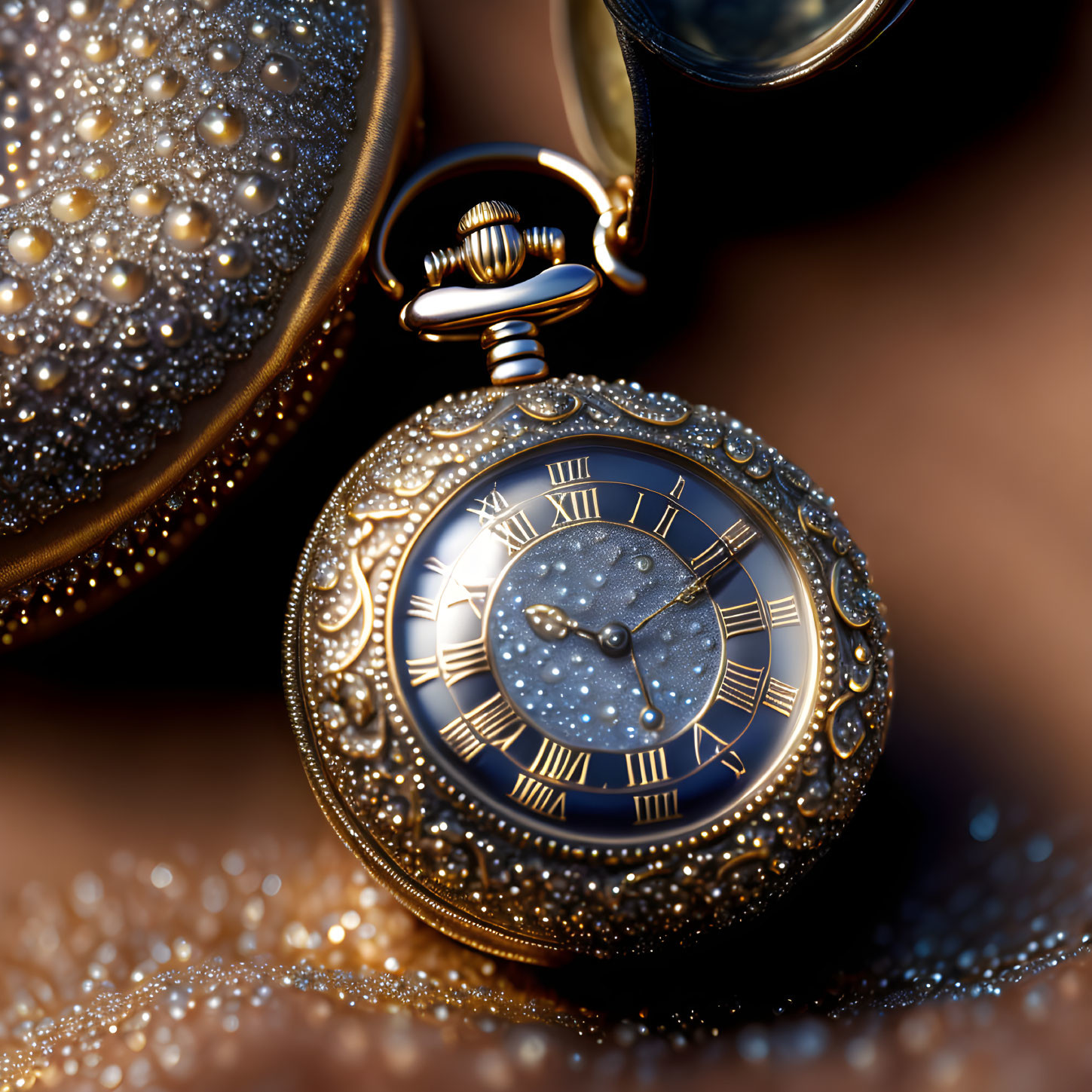 Golden Pocket Watch with Roman Numerals and Stardust Design